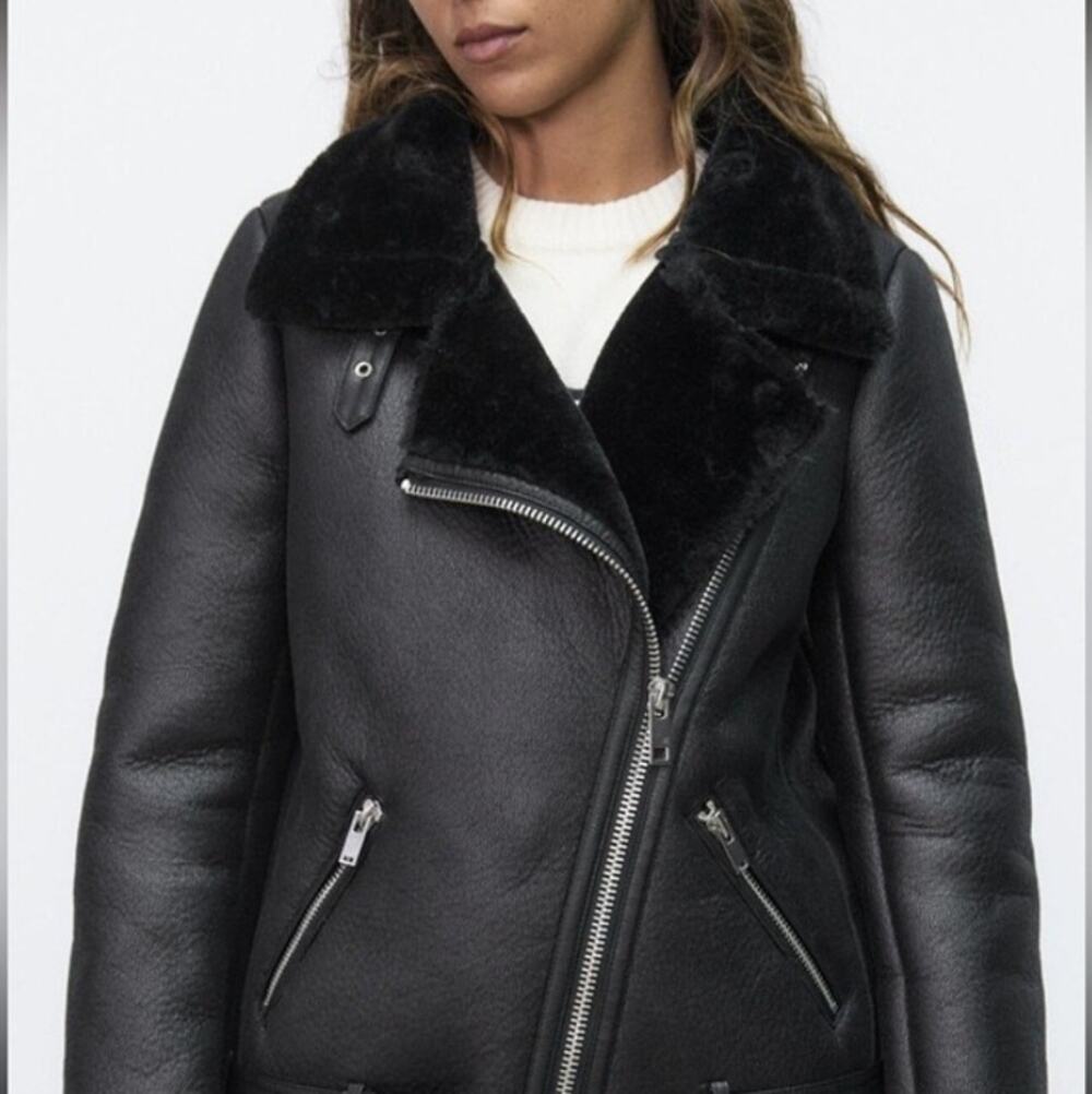 Zara Faux Shearling Aviator Jacket XS Black Moto Biker Gorpcore Punk Outdoor